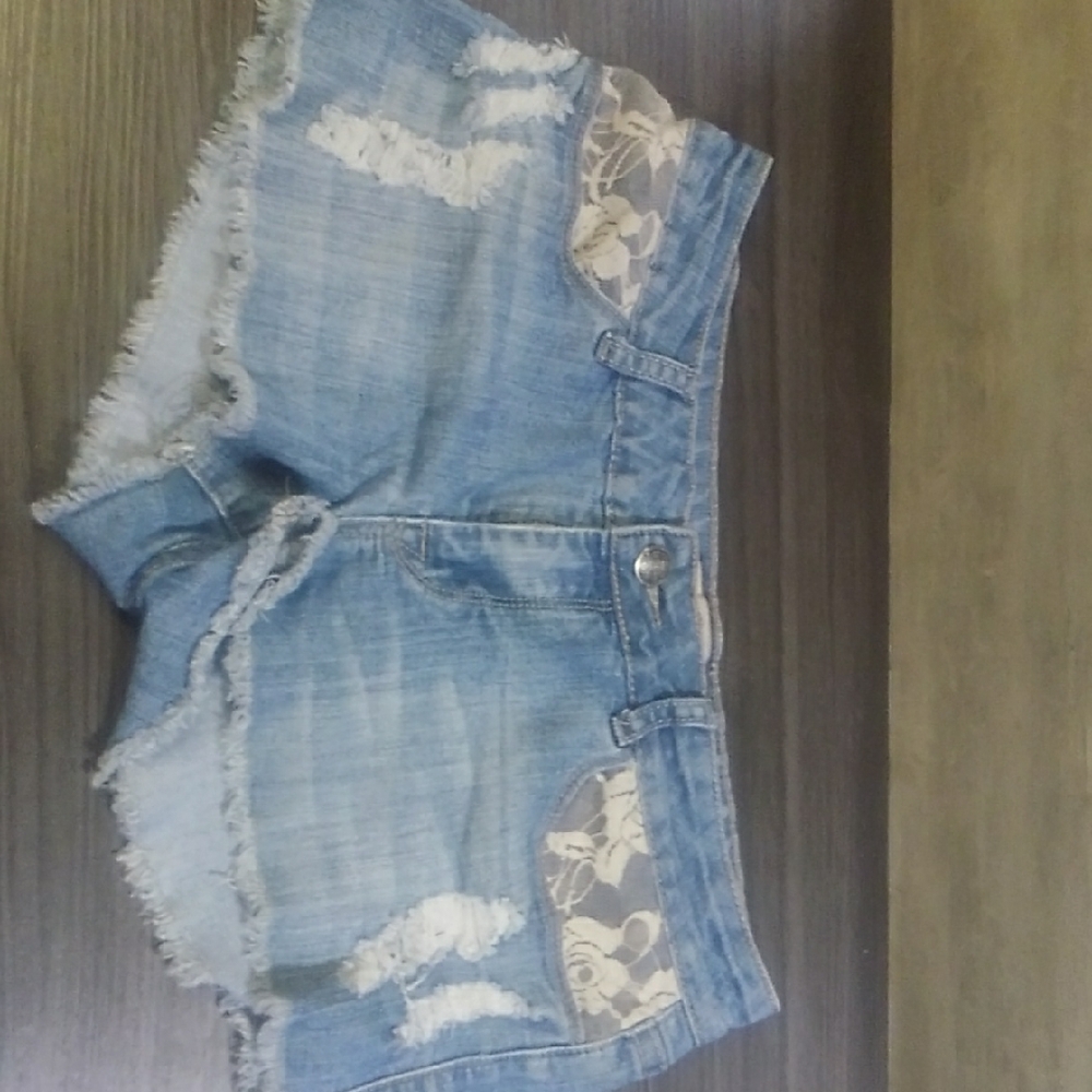 Denim Distressed Lace Inset Women's Shorts - Blue